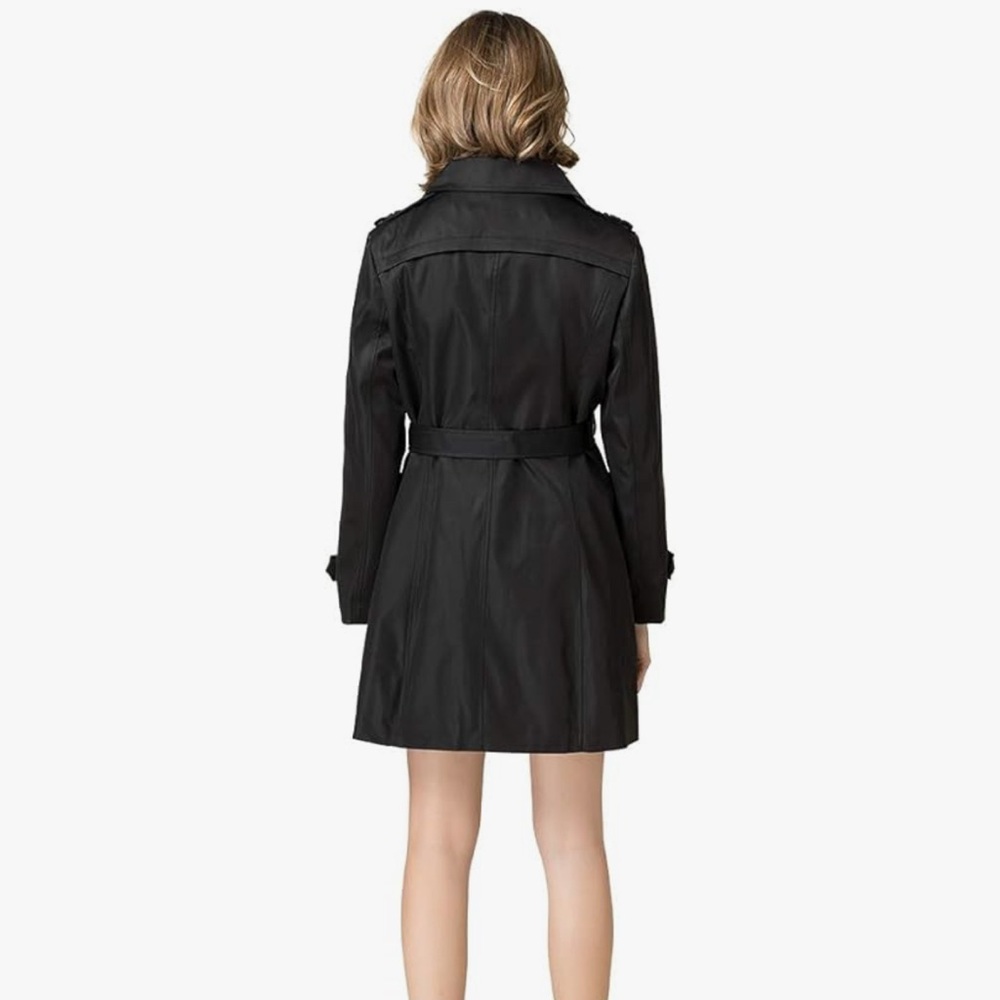 🚫SOLD ON MERC🚫 NWT Black Trench Coat women’s double breasted mid length sz 6 - Picture 3 of 14
